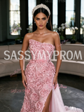 Strapless Rose Beading Sheath Column One Shoulder Pink Prom Dress With Slit