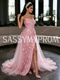 Strapless Rose Beading Sheath Column One Shoulder Pink Prom Dress With Slit