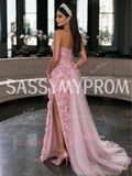 Strapless Rose Beading Sheath Column One Shoulder Pink Prom Dress With Slit