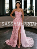 Strapless Rose Beading Sheath Column One Shoulder Pink Prom Dress With Slit