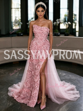 Strapless Rose Beading Sheath Column One Shoulder Pink Prom Dress With Slit