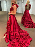 Ruffles V Neck Open Back Red Satin Prom Dress With High Slit