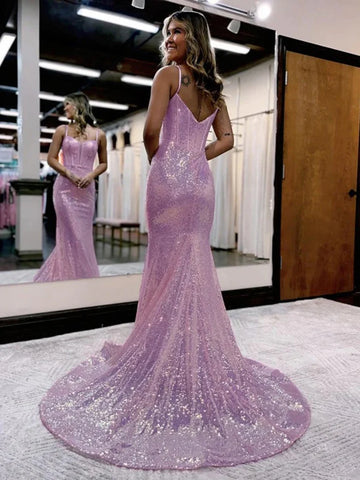 Lilac Sequins Sparkle V Neck Mermaid Prom Dress