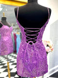 Deep-V Lilac Sequin Short Mini Homecoming Dress