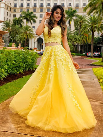 Two Pieces Yellow V Neck Lace Long Prom Dress