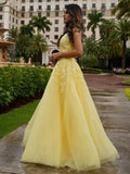 Two Pieces Yellow V Neck Lace Long Prom Dress