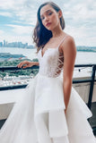 Lace Fluffy Ruffles V Neck White Wedding Dress