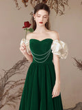 Short Sleeve Velvet Green A-Line Sweetheart Prom Dress