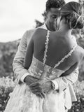 Floral Sweep Train Lace A Line Spaghetti Straps Wedding Dress