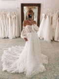 Lace Sweetheart A Line Bridal Wedding Dress With Detachable Puff Sleeves