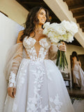 See Through Detachable Long Sleeves Appliques Bohemian Wedding Dress