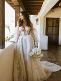 See Through Detachable Long Sleeves Appliques Bohemian Wedding Dress