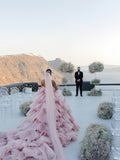 Beading Tiers Tulle Pink Ball Gown Luxury Wedding Dress