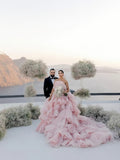 Beading Tiers Tulle Pink Ball Gown Luxury Wedding Dress