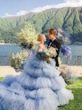 Sky Blue Tulle Sweetheart A Line Ruffles Wedding Dress