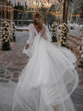 Long Sleeves Cut Out A Line Tulle Bohemian Wedding Dress