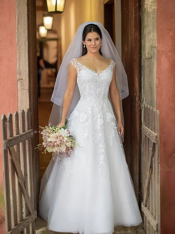 Elegant V Neck A Line  Floral Lace Wedding Dress