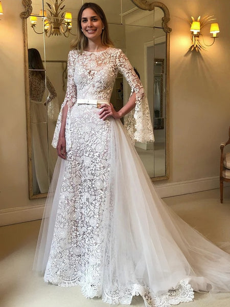 2023 Long Sleeve Lace A Line Belt Wedding Dress With Tulle Train Custom Made / As the picture