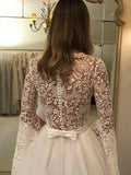 Long Sleeve Lace A Line Belt Wedding Dress With Tulle Train