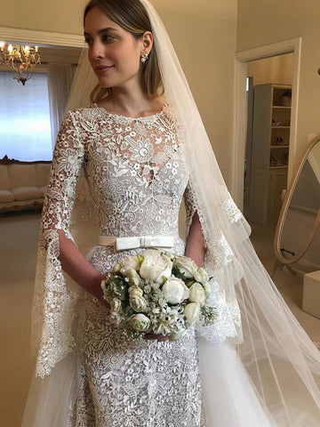 2023 Long Sleeve Lace A Line Belt Wedding Dress With Tulle Train Sassymyprom 2023 Long Sleeve Lace A Line Belt Wedding Dress With Tulle Train Sassymyprom