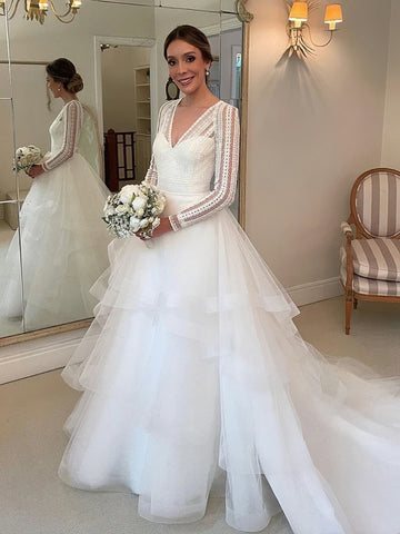 Sheer Lace Tulle Ruffles A Line Long Sleeves Wedding Dress