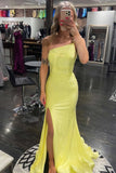 Sequins Criss Cross Mermaid Yellow One Shoulder Prom Dress with Slit