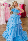 Blue Tulle Off The Shoulder Beading Ruffles Prom Dress
