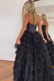 Black Sweetheart Tulle Ruffles Prom Dress With Slit
