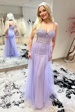 Mermaid Spaghetti Straps Lavender Tulle Prom Dress with Slit