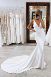 Satin Trumpet Mermaid White Backless Wedding Dress