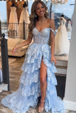 Blue Lace Ruffles Off the Shoulder Corset Prom Dress