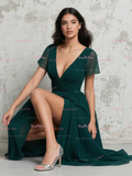 A Line Green Chiffon Cap Sleeve V Neck Bridesmaid Dress