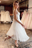 Tea Length Organza A Line Straps White Wedding Dress