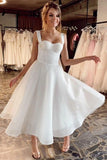 Tea Length Organza A Line Straps White Wedding Dress