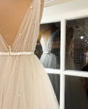 A-line Pearls V Neck Tulle Simple Wedding Dress