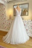 A-line Pearls V Neck Tulle Simple Wedding Dress