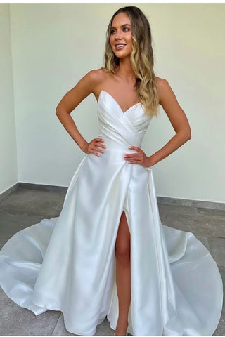 Pleated Sweetheart A-line Satin Wedding Dress With Slit