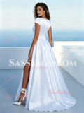 a-line satin wedding dress with cap sleeves
