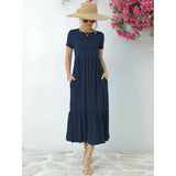 Casual Short Sleeve Tiered Maxi Beach Dress with Pockets