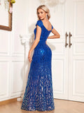 Sapphire Off-Shoulder Cap Sleeves Sequined Mermaid Dress