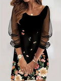 Casual Crew Neck Long Sleeve Sequin Floral Dress