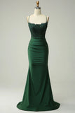 Backless Spaghetti Straps Appliques Dark Green Prom Dress
