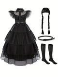 Sophisticated Black Belted Dress with Tulle Layers for Girls