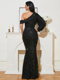 Asymmetrical Sleeves Sequins Black Mermaid Prom Dress