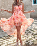 Pink V-Neckline Fitted Waist  Floral Dress