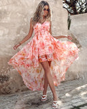 Pink V-Neckline Fitted Waist  Floral Dress