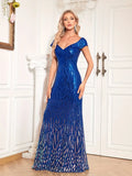 Sapphire Off-Shoulder Cap Sleeves Sequined Mermaid Dress