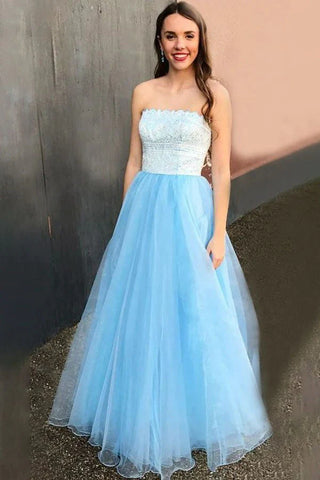 Light Blue A-line Tulle Strapless Two Tone Prom Dress