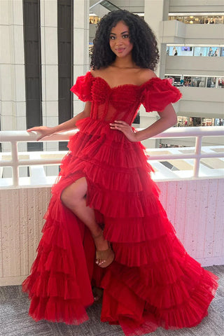 Red Tiered Off-Shoulder Prom Masterpiece Dress