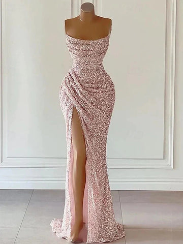 Ruched Pink Sheath Column Sequin Prom Dress With Slit